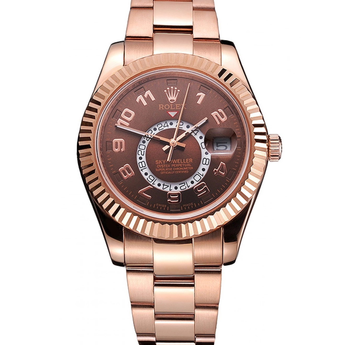 Aaa replica watch Sky Brown Case Bracelet Dweller Dial Gold Ad Rose Rolex 0629